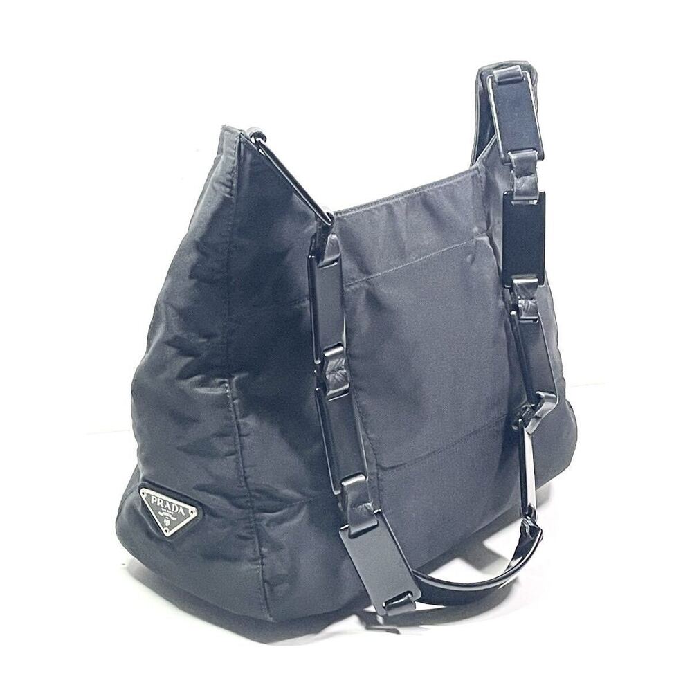 PRADA black Hobo bag triangular plate leather semi black